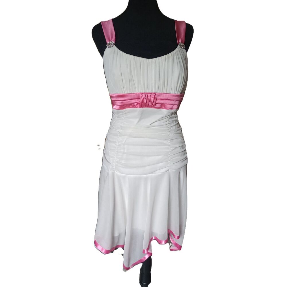 Deb Women's M White Asymmetrical Mini Dress With Ruching And Pink Trim, Vtg